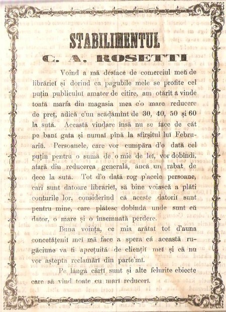 Reclame Vechi: Ianuarie 1861 - Stabilimentul CA Rosetti "se desfacea de comerciul de librarie"